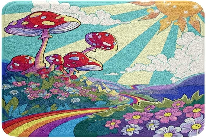 Erosebridal Cute Mushroom Rugs 70s Theme Rainbow Fluffy Rugs for Kids Girls Vintage Retro Sun Stars Indoor Entry Rug 16x24 Hippie All Seeing Eye Non Slip Bathroom Carpet Groovy Flower Floor Mats