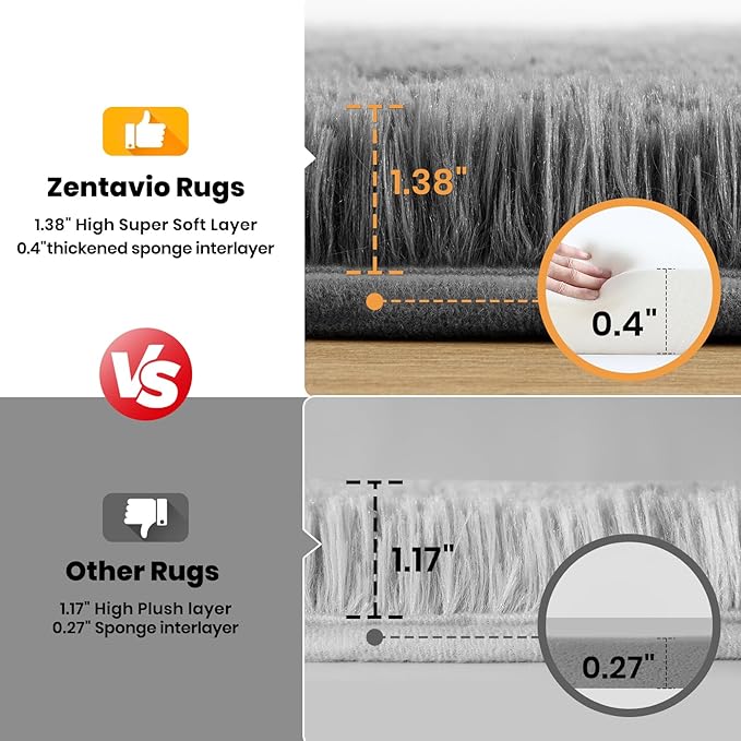 Zentavio Area Rugs for Living Room Grey Rugs for Bedroom Large Big 9x12 Carpet Fluffy Furry Soft Shag Aesthetic Plush High Pile Gray Rug for Nursery Kids Room Dorm