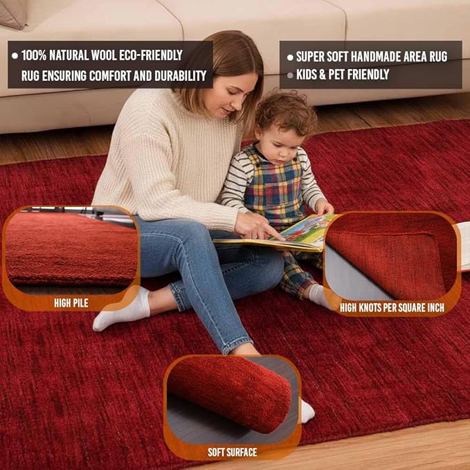 Rugsotic Carpets Hand Knotted Loom Wool ECO-Friendly Area Rugs - 8'x10', Rectangle, Red Color, Solid Plain Design, High Pile Thick Handmade Anti Skid Area Rugs for Living Room, Bed Room (L00111)