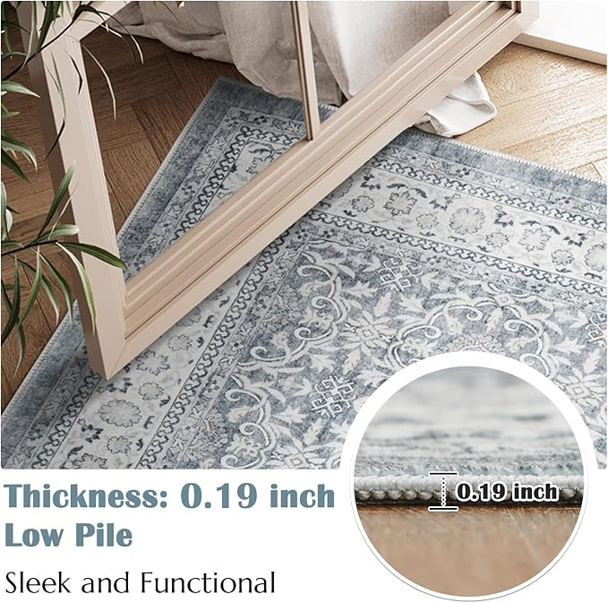 jinchan Floral 3x5 Area Rugs for Entryway - Taupe Vintage Distressed Design Doormat Non-Slip Ultra-Thin Low Pile Boho Rug for Kitchen Living Room Bedroom Farmhouse (3‘x5', Grey)
