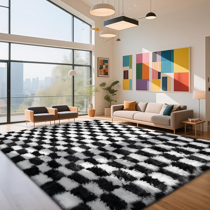Checkered Rug for Living Room, 6x9 Black and White Area Rugs, Classic Checkered Carpets Shaggy Area Rug, Bedside Rugs for Living Room Bedroom Kids Room Home Decor