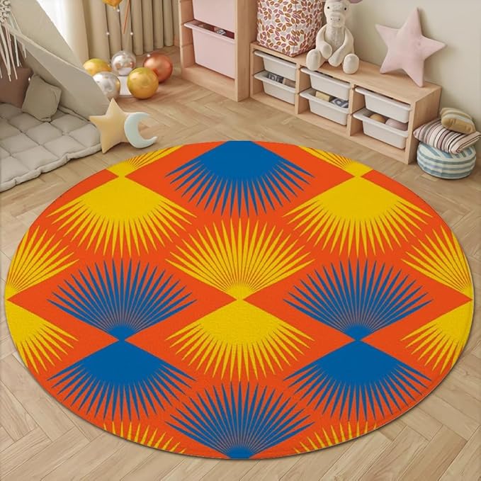 Vintage Blue Orange Round Rug Retro Pattern Print Area Rug Washable 7ft Circle Rugs for Living Room Bedroom Non Slip, Soft Indoor Floor Carpet for Kitchen Entryway Family Room