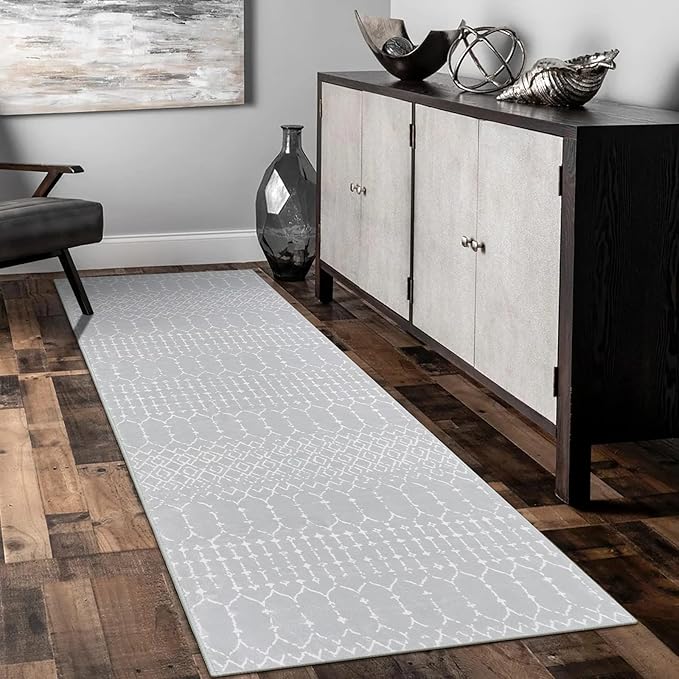 Lahome Moroccan Runners for Hallways 2x6 Washable Non-Slip Carpet Runner Throw Ultra-Thin Kitchen Bedroom Rugs Grey Distressed Print Rug Entrance Bathroom Laundry Room Living Grey/White 2' x 6'
