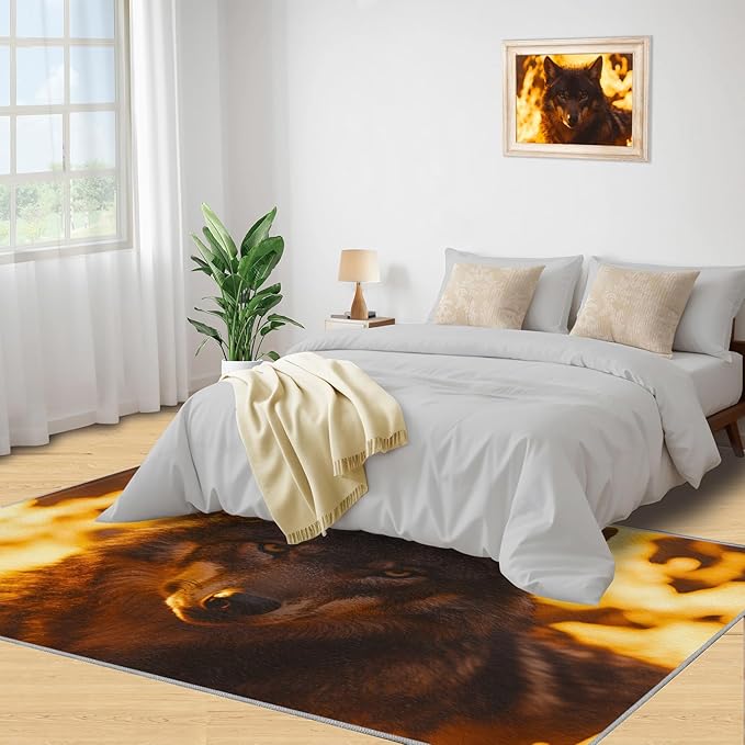 Wolf Rugs for Bedroom - 2x3 Area Rug - Timber Wolf Rugs for Living Room, Sunset Landscape Rug, Non-Slip Washable Home Decor Carpet