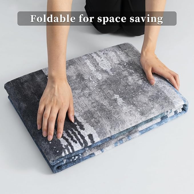 Ciicool 4ft Round Washable Rug, Modern Abstract Circle Rugs, Non-Slip Thin Low-Pile Rug Navy Grey Circular Print Distressed Carpet for Bedroom Living Room Under Dining Table Home Office Decor