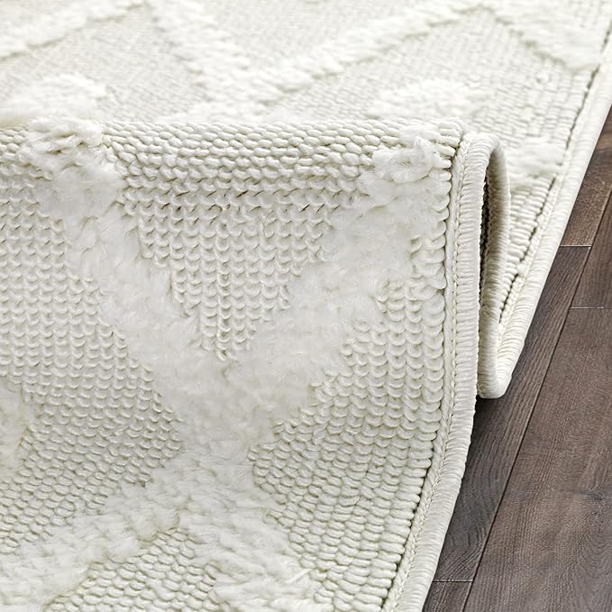 Antep Rugs Palafito 2x10 Geometric Shag Diamond High-Low Pile Textured Indoor Runner Rug (White, 2' x 10')