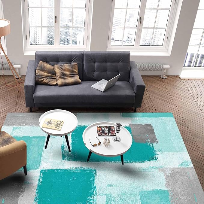 Teal Green Rectangular Area Rugs for Living Room Bedroom 3 x 5 ft Abstract Paint Texture Modern Art Non-Shedding Soft Low Pile Rug Non Slip Washable Rug for Nursery Entryway Playroom