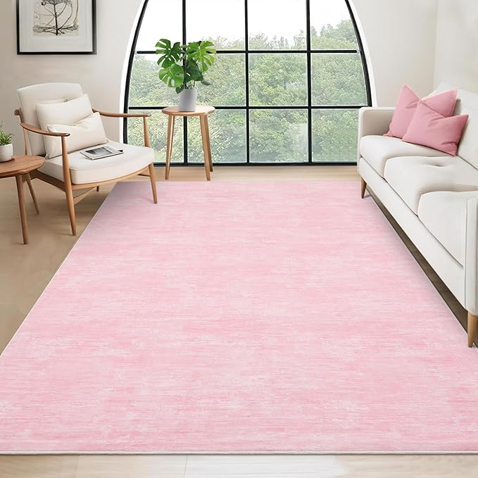 RUGSREAL Washable Rug 10x13 for Living Room Modern Abstract Area Rug Non-Slip Large Contemporary Bedroom Rug Stain Resistant Aesthetic Accent Floor Carpet Foldable Solid Rug for Home Office, Pink