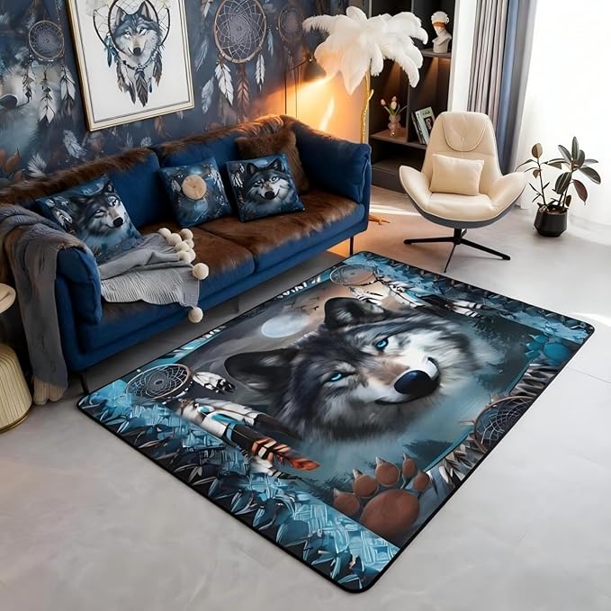 Western Wolf Large Area Rug 5x7 Bohemian Dream Catchers Living Room Rug | Woodland Animals Rugs for Bedroom, Dreamcatcher Wildlife Carpet Indoor Floor Mat
