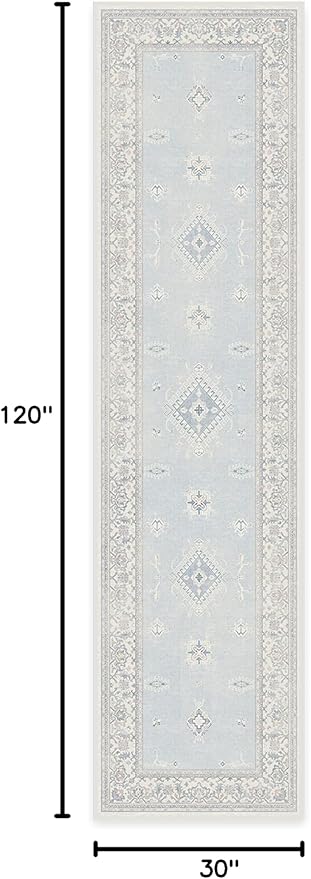 RUGGABLE Washable Vintage Runner Rug – Verena Soft Blue 2.5x10, Stain-Resistant, Non-Slip Hallway Runner – Machine Washable Rug for Hallway, Entryway, Living Room & Kitchen–with Cushioned Pad
