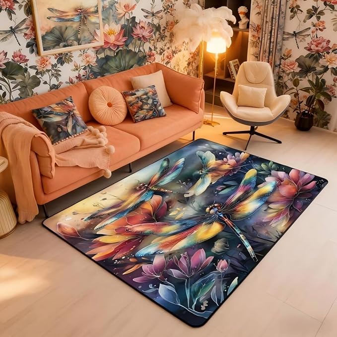 Dragonfly 5x7 Area Rug Colorful Flowers Living Room Rug | Watercolor Beetles Rugs for Bedroom, Dreamy Rustic Aesthetic Animal Carpet Indoor Floor Mat