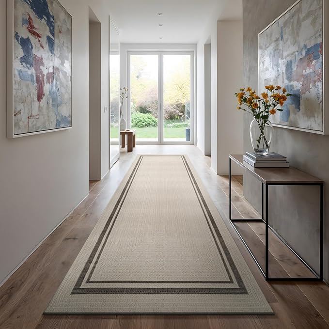 Beverly Rug Easy Jute Bordered Runner Rug 2x7 Washable Durable Indoor Outdoor Area Rugs for Living Dining Room Patio Office Stain Resistant Non Shedding Casual Indoor Outside Carpet 2 x 7 Off-White
