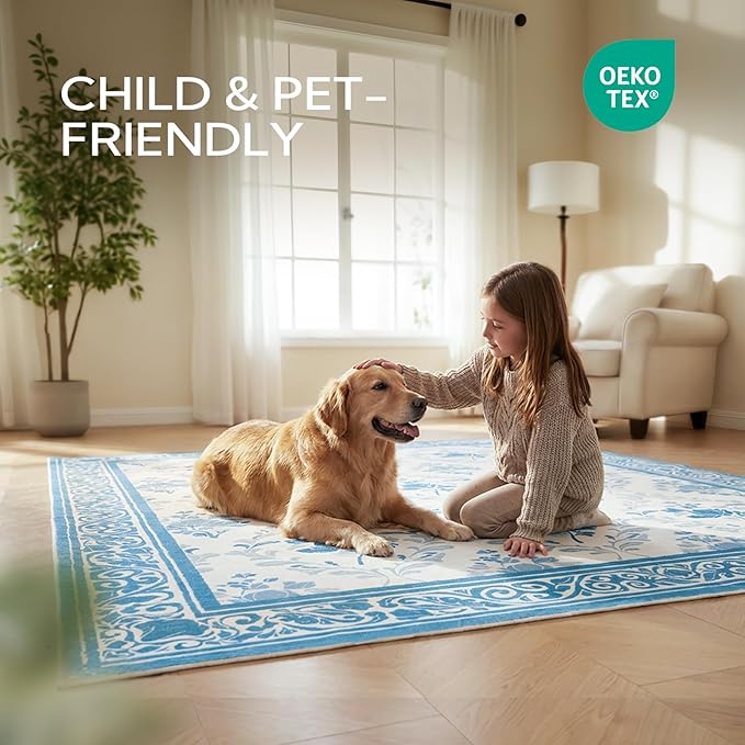SOULFUL Medium Pile 2x3 Entryway Rug - Soft Underfoot Small Area Rug - Blue Boho Floral - Washable Non-Slip - Perfect for Hallway Kitchen Bedroom Bathroom Indoor Entrance