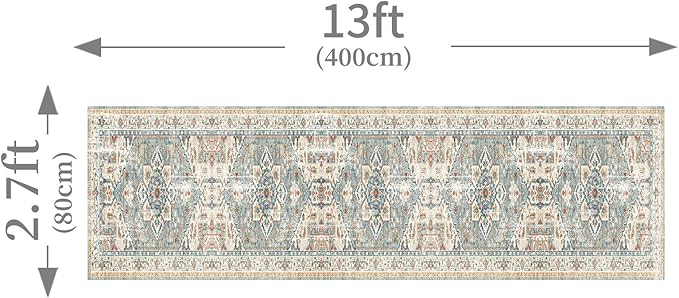 Enkor Runner Rugs for Hallway, 2.6x13 Washable Soft Boho Non Slip Floor Rugs for Kitchen, Modern Mat for Living Room Bedroom Entryway Beige & Green