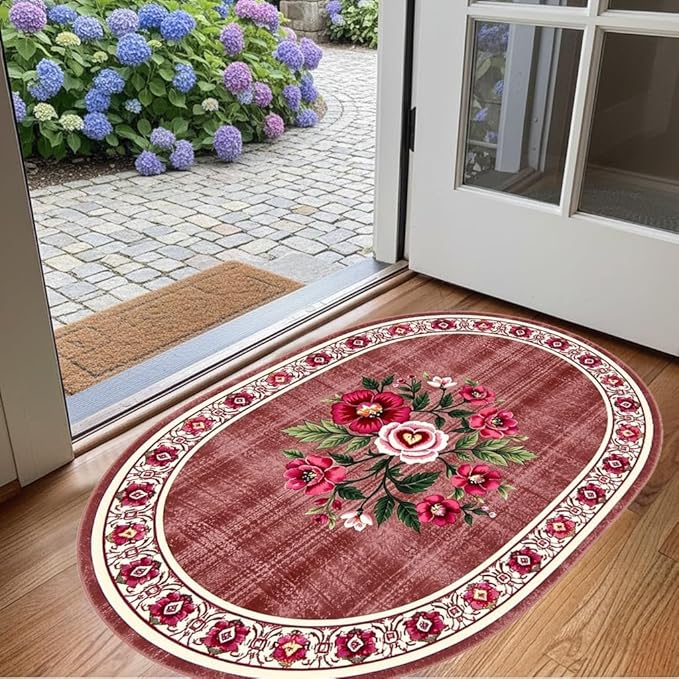 Retro Country Distressed Burgundy Green Florals Texture Bordered Rugs 6x9 for Living Room Bedroom Dining Room Soft Washable Non Skid Area Rug Guestroom Kitchen Doormats Rustic Indoor Oval Carpet