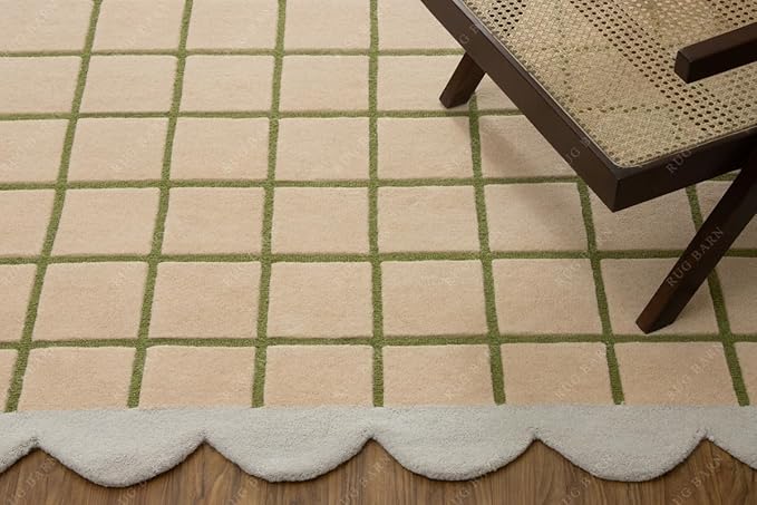 Scalloped Border Wool Area Rug with Windowpane Grid, Hand-Tufted, Beige-Blush with Sage Lines & Light Purple Edge - Soft High-Low Pile for Living Room, Bedroom, Nursery - 8x11 Ft