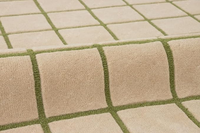 Scalloped Border Wool Area Rug with Windowpane Grid, Hand-Tufted, Beige-Blush with Sage Lines & Light Purple Edge - Soft High-Low Pile for Living Room, Bedroom, Nursery - 5x5 Ft (Round)