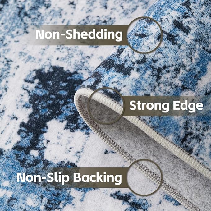Area Rug 8x10 Washable Rug Blue for Living Room, Dining Room, Bedroom, Large Carpets, Non Slip & Non-Shedding Low Pile Vintage Print Rug for Home Office Decor