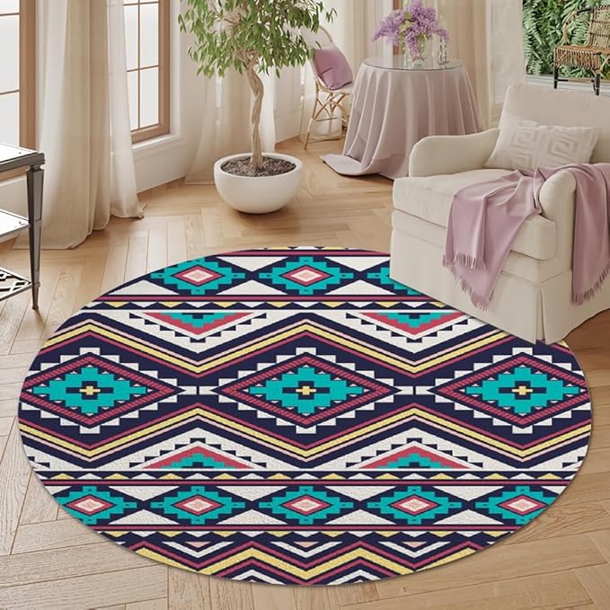Native Tribal Geometry Round Rug Vintage Blue White Living Room Bedroom Area Rug Non Slip Soft Low Pile Washable Indoor Floor Carpet for Dining Room Kitchen Office Entryway 6ft