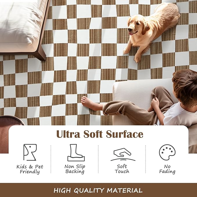 jinchan 2x3 Kids Area Rug Washable Indoor Entryway Doormat Modern Checkered Geometric Lattice Small Rug Non Slip Soft Carpet for Nursery Room Bedroom Bathroom Home Brown