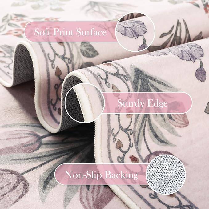 Wonnitar Floral 3x5 Washable Rug, Ultra-Thin Pink Small Rugs for Bedroom, Soft Ultra-Thin Non Slip Entryway Indoor Decor Carpet for Bedside Decor Office Girls Room Dorm, Pale Pink