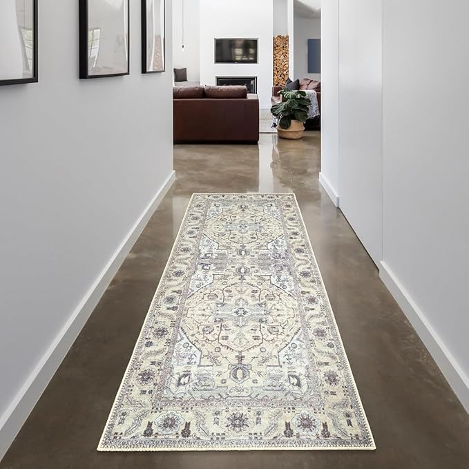 GLN Rugs Traditional Collection - Machine Washable Area Rug, Traditional Washable, Non Slip, Low Pile Chenille Rug, Living Room, Bedroom, Kitchen Rug (2'6" x 7' Cream/Gray)