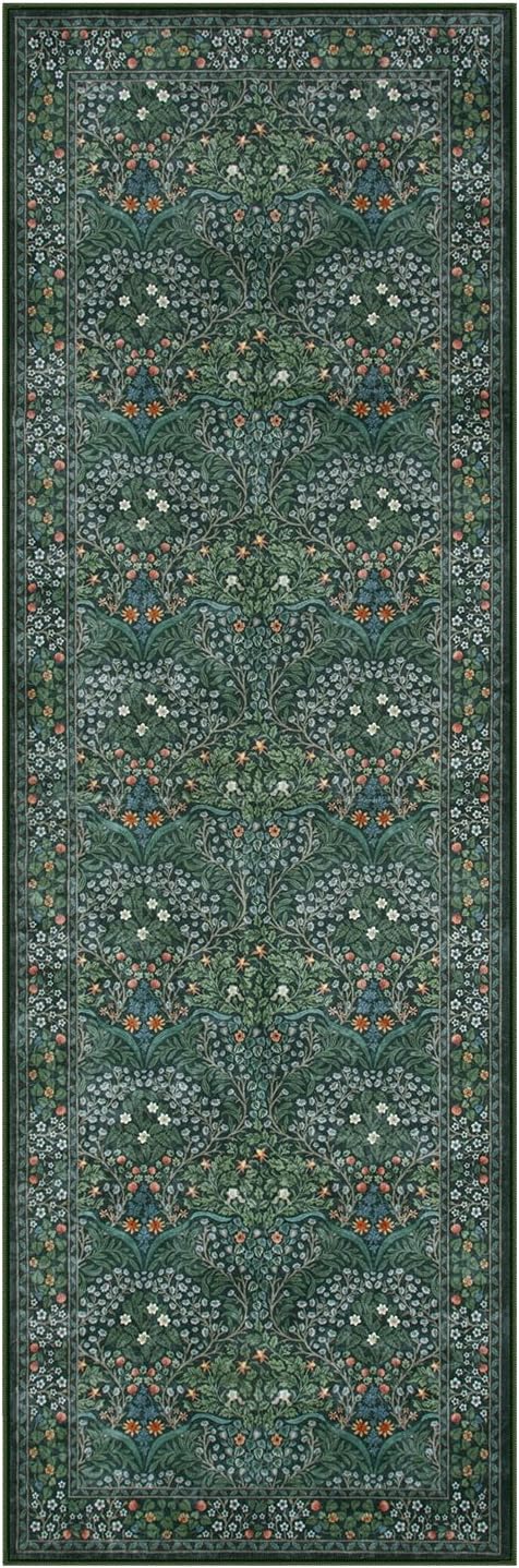 Lahome Floral Washable Runner Rug, 2'6''x8' Soft Hallway Rug Non Slip, Boho Ultra-Thin Kitchen Runners for Hallways with Rubber Backing Carpet Runner for Laundry Bedroom Bathroom, Dark Green