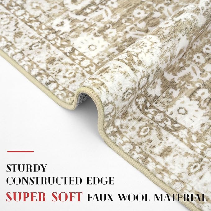 Runner Rug 2.6x10, Beige Tan White Washable Long Hallway Rug Runner Non-Slip Soft Kitchen Runner Thin Printed Faux Wool Super Soft Carpet for Entryway Bedroom Laundry Room Indoor Home Decor