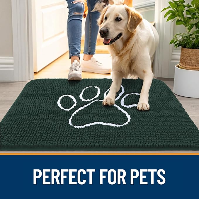 OLANLY Dog Door Mat for Muddy Paws 47x24, Paw Print Design, Absorbs Moisture and Dirt, Absorbent Non-Slip Washable Doormat, Quick Dry Chenille Mud Mat, Entry Indoor Entryway Carpet, Blackish Green