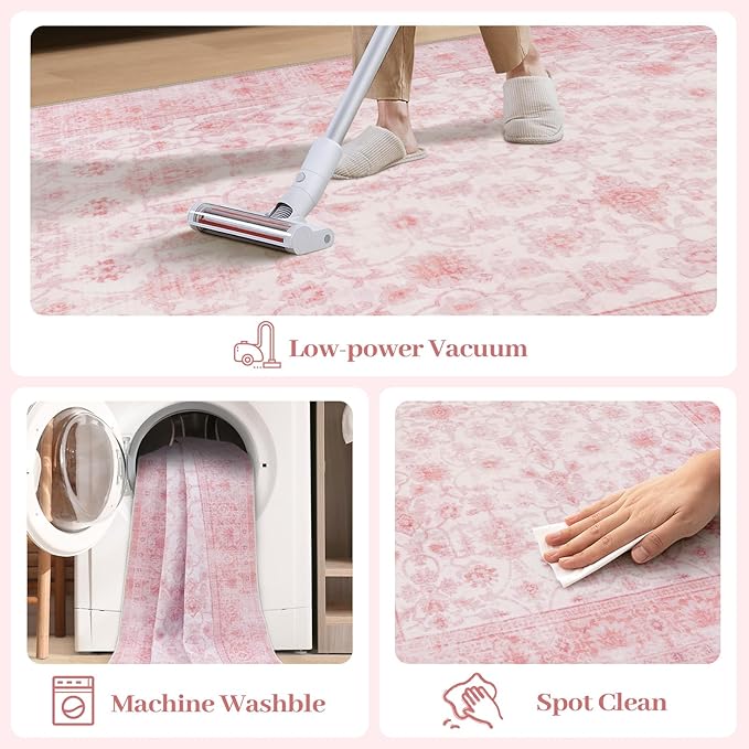 LIVEBOX Pink Area Rug 6x9, Vintage Living Room Rug Machine Washable Area Rugs, Pink Rugs for Bedroom Girls, Indoor Carpet for Dining Room Nursery Dorm Home Decor