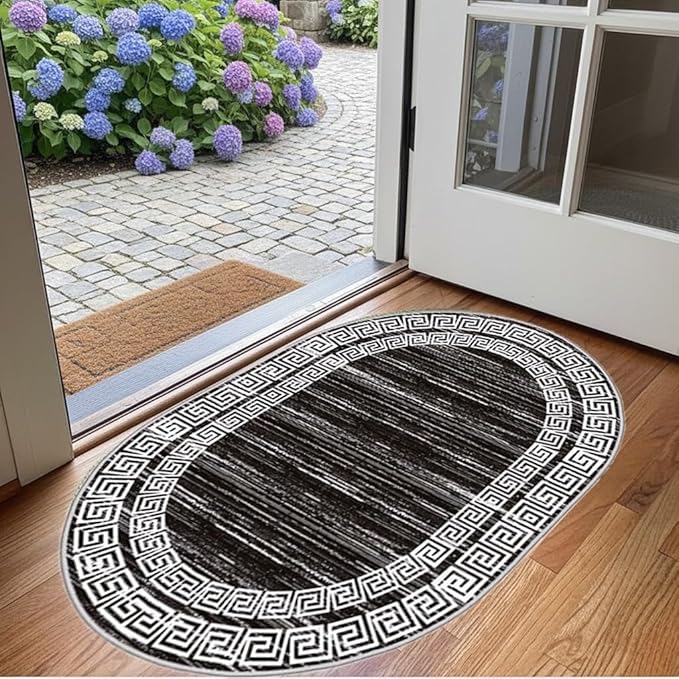 Minimalist Distressed Black Off White Greek Key Pattern Bordered Rug 6x9 for Liivng Room Bedroom Dining Room Soft Non Skid Washable Large Rugs Nursery Dorm Kitchen Rustic Classic Indoor Oval Carpet