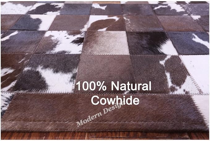Modern Design Premium Cowhide Leather Carpet with Chevron Pattern, Area Rug (Brown/White-1, 6x9)