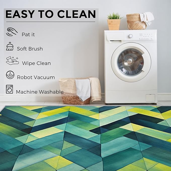 2x3 Geometric Zigzag Throw Rugs for Entryway, Washable Green Chevron Pattern Indoor Door Mat, Bedroom Kitchen Entrance, Non Slip Soft Thin, Modern Abstract Decor Small Area Rug PF-P 49