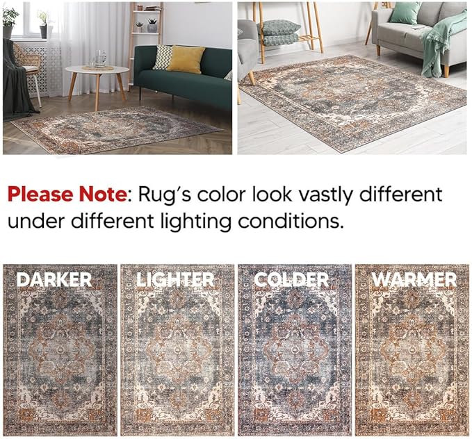 Keen Home Design 6x9 Rug - Machine Washable Area Rug with Non-Slip Backing, Ideal for Living Room, Dining Room, Bedroom - Vintage, Easy Clean, Durable, Low Pile Rug - (6' x 9')