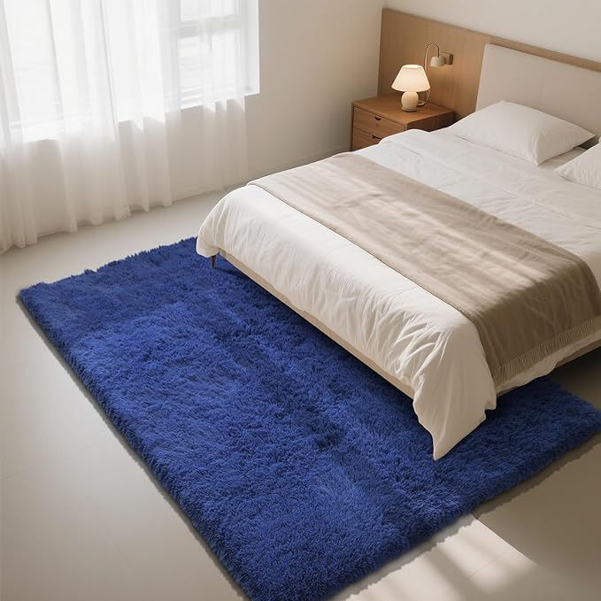 Blue Fluffy Rug Shaggy Area Rug, 3x5 Area Rugs for Girls Bedroom, Soft Cute Baby Play Mat, Indoor Floor Carpet for Teen, Nursery, Preppy Dorm, Plush Aesthetic Bedside Rug