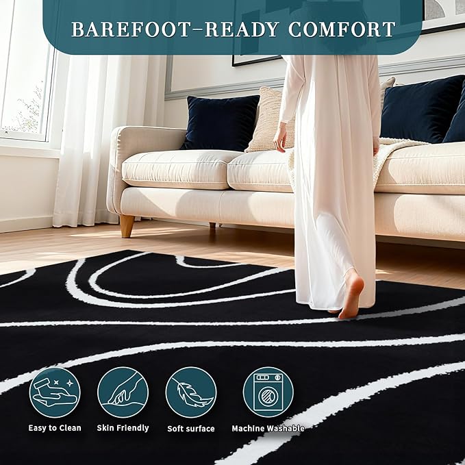YIHOUSE Abstract Washable Rug 5x7,Ultra Thin Non Slip Black Rugs for Living Room,Modern Minimalist White Stripe Rugs for Bedroom,Dining Room Office Playroom (5'x7',Black-2)