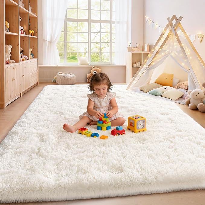 Cream White Plush Rug for Living Room Fuzzy Carpet for Bedroom Dorm, Non-Slip High Pile Rug, Shag Rug for Playroom Nursery Home Office Decor 8X10 Ft