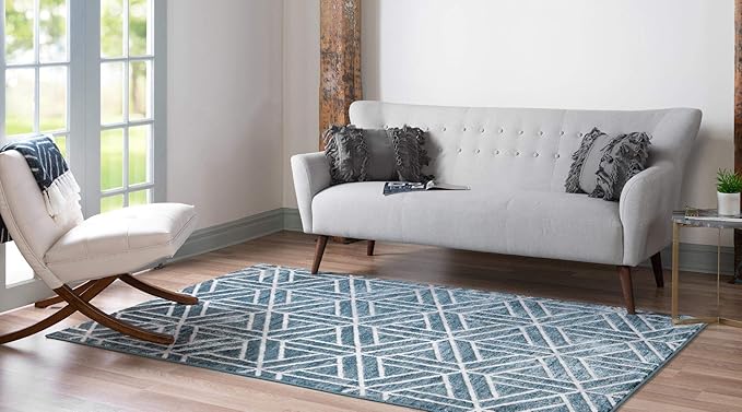 Rugs.com Lattice Trellis Collection Rug – 9' x 12' Blue Low-Pile Rug Perfect for Living Rooms, Large Dining Rooms, Open Floorplans