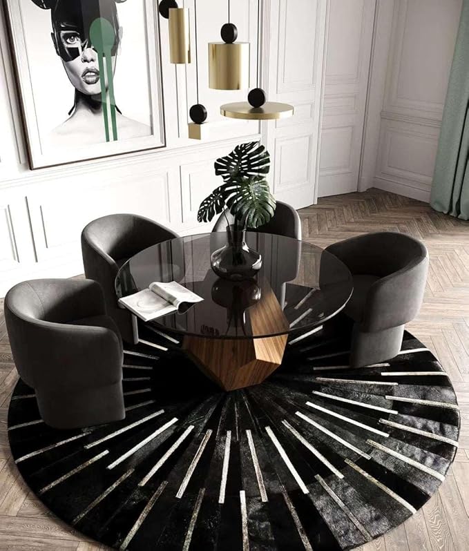 Sn Alef Home Round Designer Rug for Living Room | Handcrafted Black & White Boho Floor Carpet | Modern Ethnic Circular Mat for Home Décor & Meditation Space (Black_10x10)