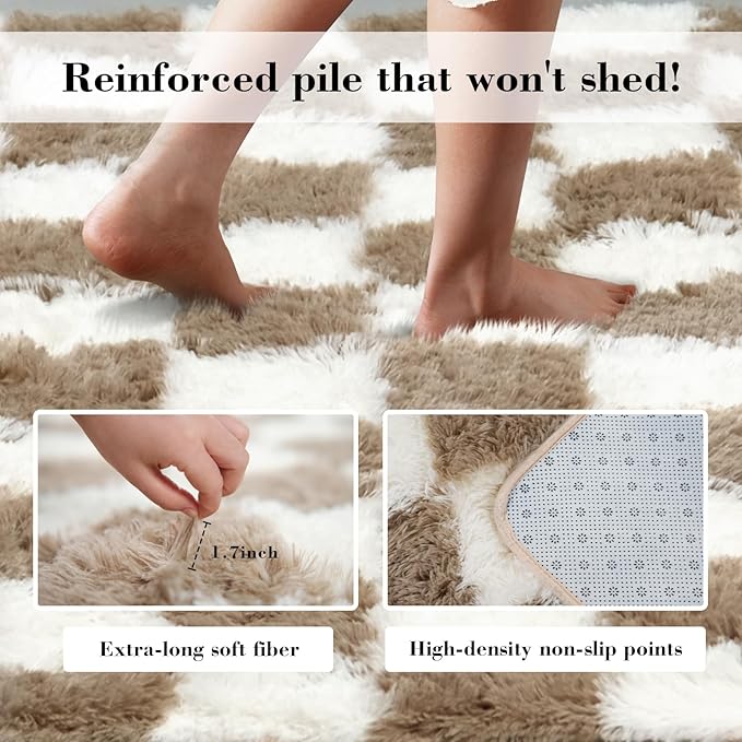Checkered Rug for Bedroom, 2x6 Beige and White Area Rugs, Classic Checkered Carpets Shaggy Area Rug, Bedside Rugs for Living Room Bedroom Kids Room Home Decor