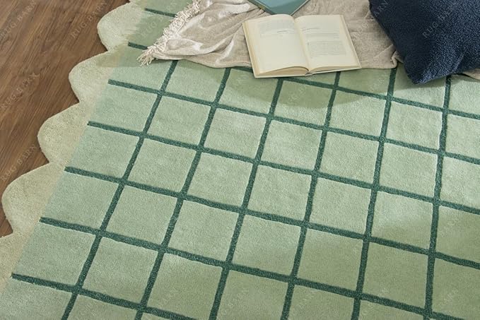 Mint Green Scalloped Edge Wool Area Rug with Checker Grid Design, Hand-Tufted Soft Carpet for Living Room, Bedroom, Nursery, Kids & Playroom Décor - 2.5x12 Ft (Runner)