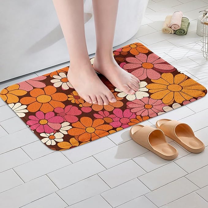 Erosebridal Groovy Floral Bathroom Rugs for Girls Retro Flower Bath Mat Chic Daisy Non Slip Bath Rugs Groovy Party Decorations Fluffy Plush Rugs 20x32 70s Party Decorations Shower Carpet