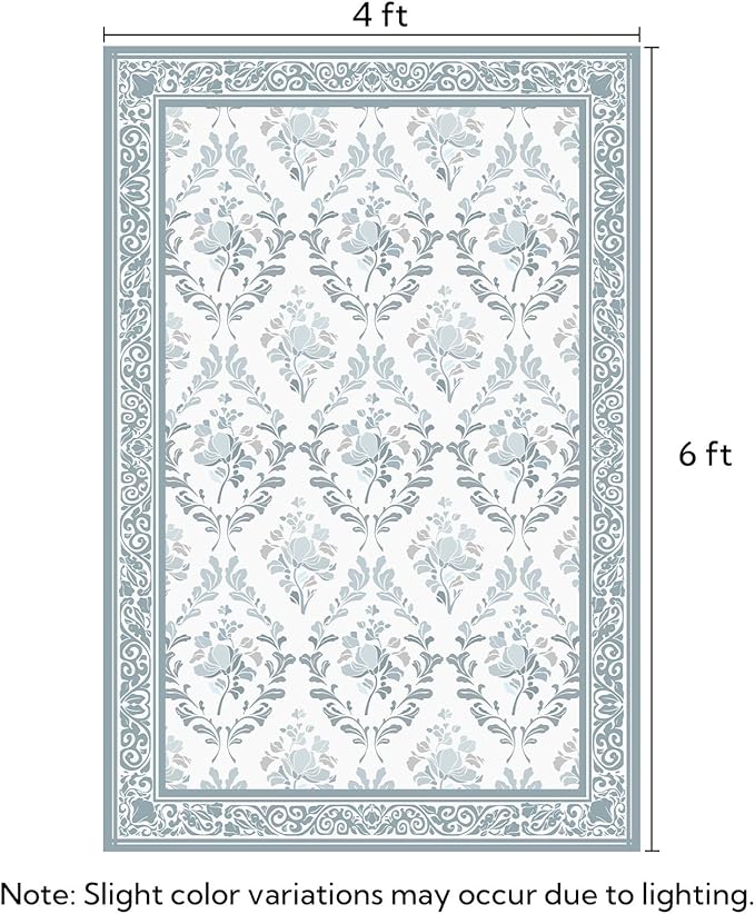 SOULFUL Medium Pile 4x6 Rugs for Living Room - Soft Underfoot Area Rug - Mist Blue Boho Floral - Washable Non-Slip - Perfect for Bedroom Kids Room Under Dining Table Office
