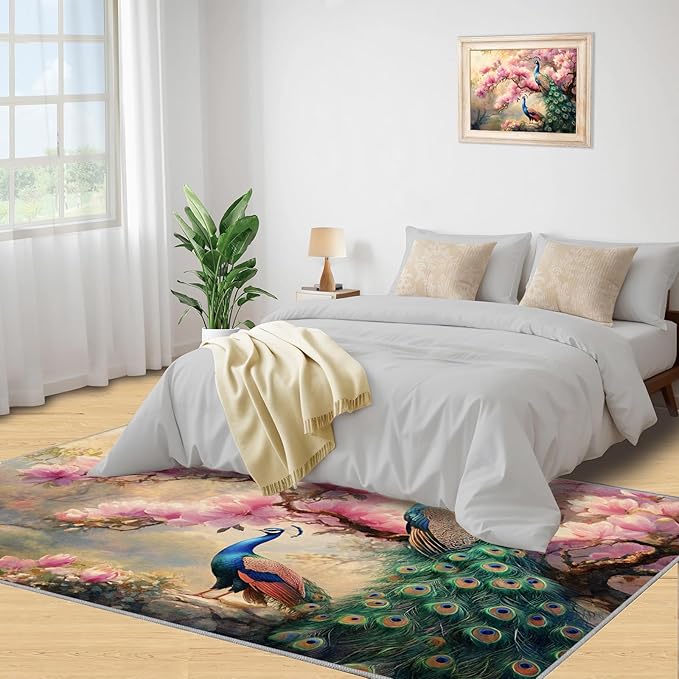 Peacock Magnolia Rug Large - 8x10 Rug, Pink Magnolia Washable Rugs for Living Room, Classic Carpet, Peafowl Non-Slip Area Rugs for Bedroom, Aesthetics Carpet - Peafowl Home Decor & Gifts
