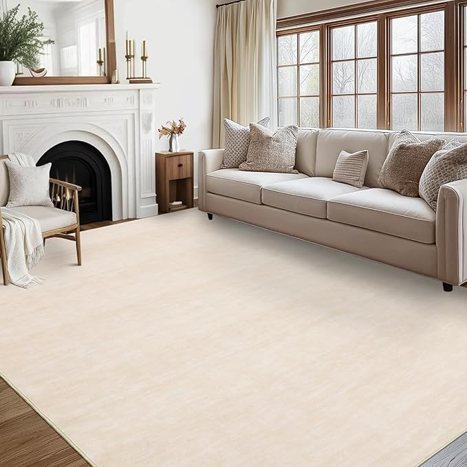 RUGSREAL Living Room Area Rug 10x13 Modern Solid Color Large Bedroom Rug with Rubber Backing Stain Resistant Low Pile Dining Room Throw Carpet Contemporary Washable Rug for Home Decor Office, Beige