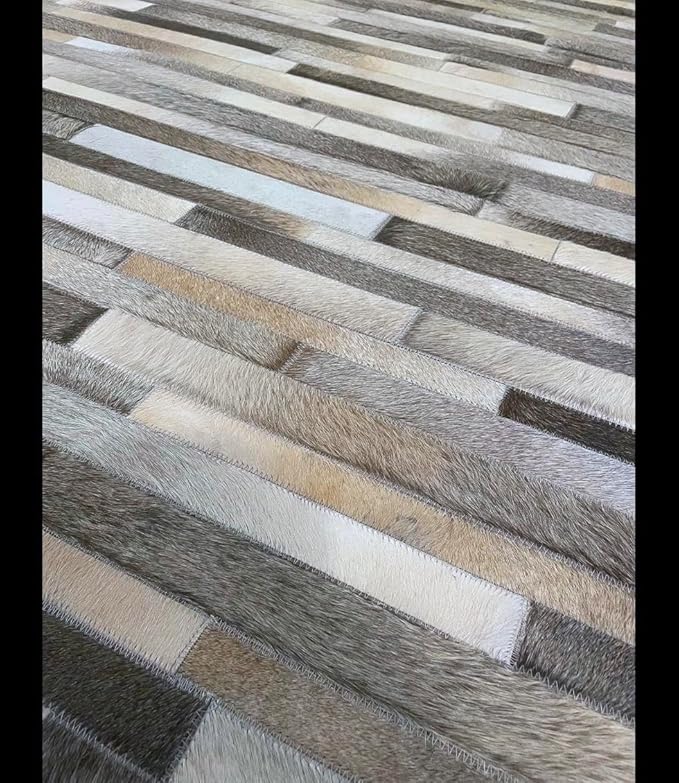 Cowhide Leather Rug for Living Room 9.9x14 Natural Leather Rug Modern Stripes Style Floor Carpet for Home Decor | Superior Indoor Area Rug, Dark Grey
