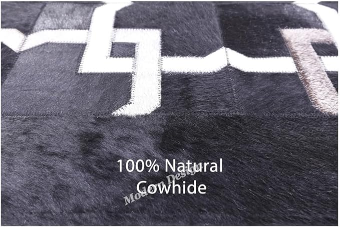 Modern Design Premium Cowhide Leather Carpet with Chevron Pattern, Area Rug (Black/Grey/White, 2x3)