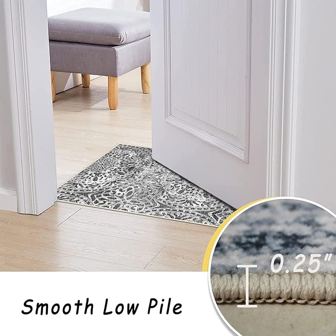 vivorug 3x5 Rug, Small Area Rug for Living Room, Bedroom, Kitchen, Machine Washable Non-Slip Throw Rug, Vintage Medallion Carpet for Entryway Nursery Coffee Table - Durable (Grey)