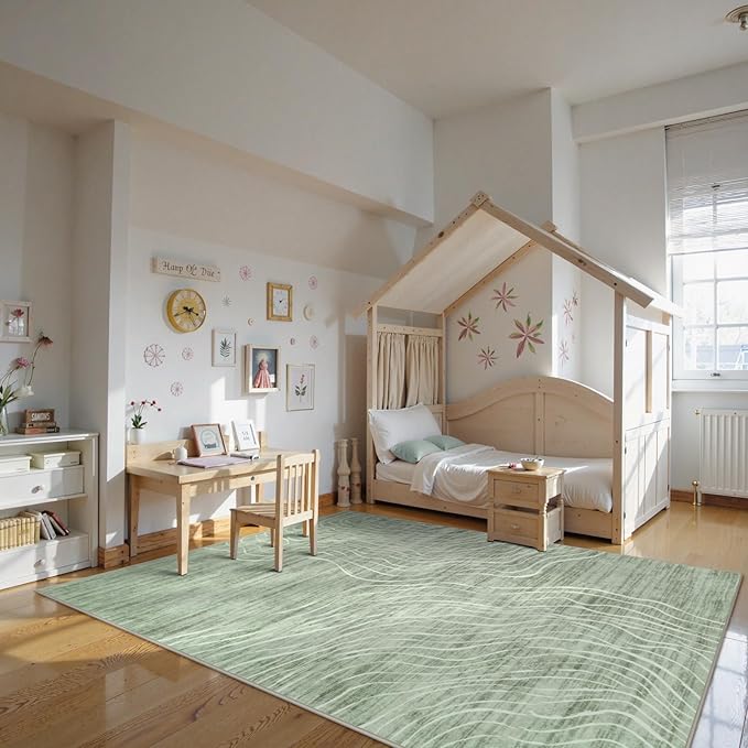 LIVEBOX 8x10 Modern Area Rugs for Living Room, Abstract Non-Slip Washable Rugs, Minimalist Wave Striped Neutral Boys Girl Nursery Area Rug for Bedroom, Carpet for Playroom Office(Sage Green,8'x10')