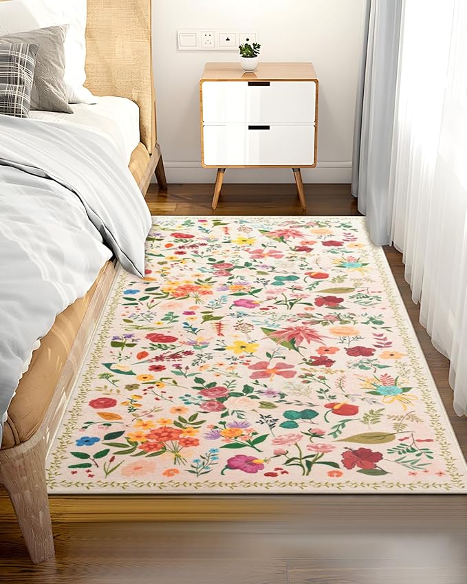 Boho Washable Area Rug 4x6 – Floral Low Pile Non-Slip Carpet for Living Room, Bedroom, Office, Playroom, Entryway, Kitchen, Dining Room (Beige)